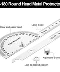 Heavy Duty Stainless Steel Angle Finder Protractor 180 Degree Dual Arm Ruler With Laser Etched Markings, showing clear readout and adjustable screw.