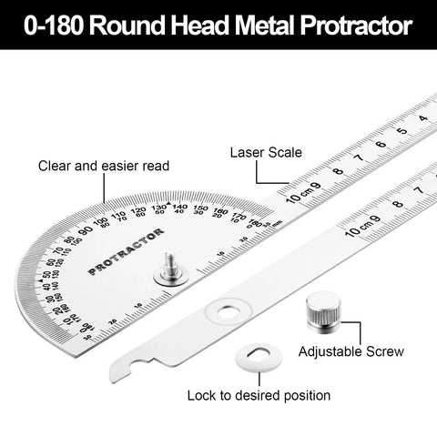 Heavy Duty Stainless Steel Angle Finder Protractor 180 Degree Dual Arm Ruler With Laser Etched Markings, showing clear readout and adjustable screw.