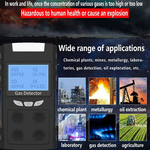 Four Gas Portable Gas Detector with LCD Display for industrial safety applications, showing wide use in chemical plants, labs.