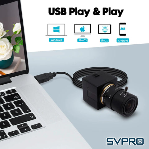 5MP USB Camera With 2.8 To 12mm Zoom Lens connected to laptop, IMX335 Low Light Sensor, Plug And Play for Windows, Mac, Linux, Android