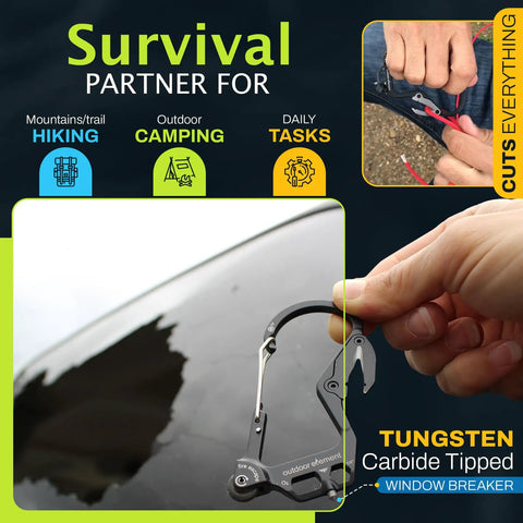 Person using Emergency Car Tool 7 In 1 Fire Escape Tool with Window Breaker on car window