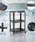 Three Shelf Metal Utility Cart On Wheels With Built In Power Strip Mobile AV Cart For Projector TV Laptop Printers And Office Tech Height Adjustable Steel Cart For Classroom Office Workshop Or Warehouse Use.
