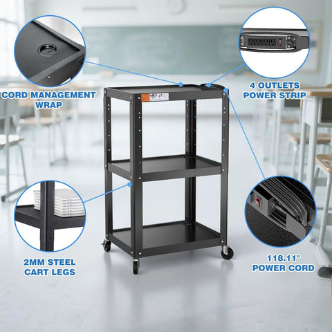 Three Shelf Metal Utility Cart On Wheels With Built In Power Strip Mobile AV Cart For Projector TV Laptop Printers And Office Tech Height Adjustable Steel Cart For Classroom Office Workshop Or Warehouse Use.