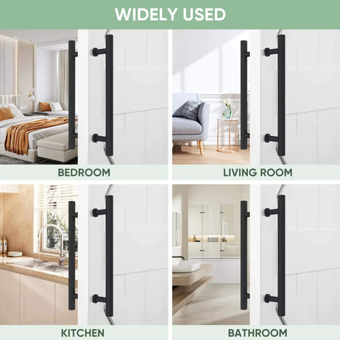 Matte Black Stainless Steel Barn Door Handles 16 Inch Heavy Duty Door Pull Set for Sliding Barn Doors and Pocket Doors shown in use