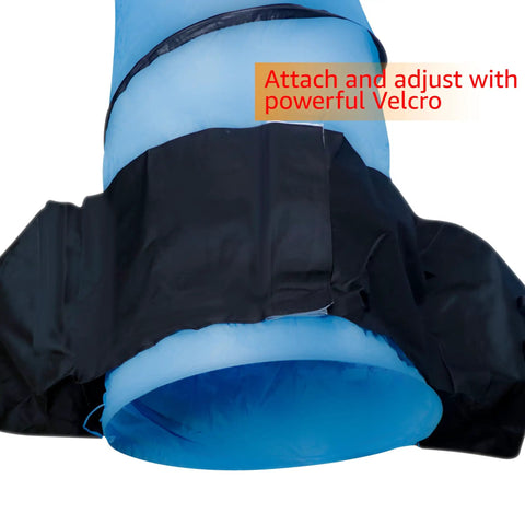 Saddlebag Style Sandbag for Dog Agility Tunnel, Heavy Duty PVC Weather Resistant, attached to blue tunnel with Velcro