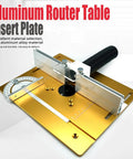 Rock Solid Aluminum Router Table Insert Plate 9.4 By 7.9 Inches With Clear Safety Cover shown from above, featuring measuring scale and guide.