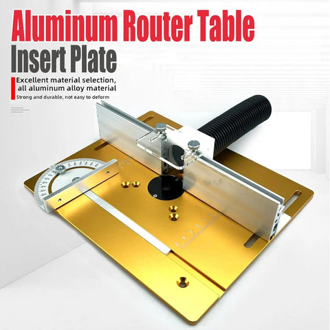 Rock Solid Aluminum Router Table Insert Plate 9.4 By 7.9 Inches With Clear Safety Cover shown from above, featuring measuring scale and guide.