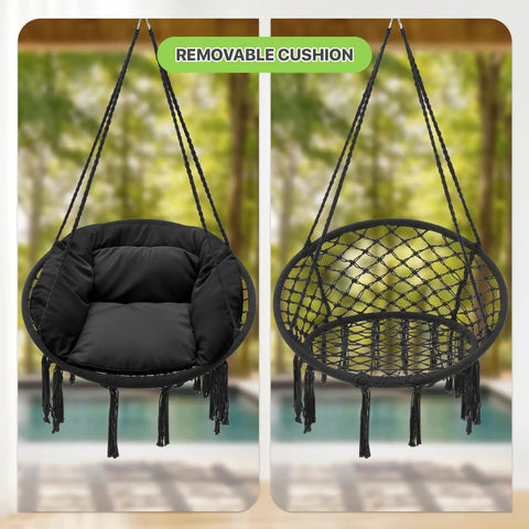 Cozy Cushion Hanging Hammock Chair With Extra Support for indoor and outdoor use, showing removable cushion and macrame design.