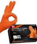 Hella Tough 8 Mil Nitrile Mechanic Gloves With Raised Diamond Texture Heavy Duty Disposable Work Gear Puncture Resistant Grease Slayer Case Of One Hundred Orange Medium Battle Tested, orange gloves shown with box.