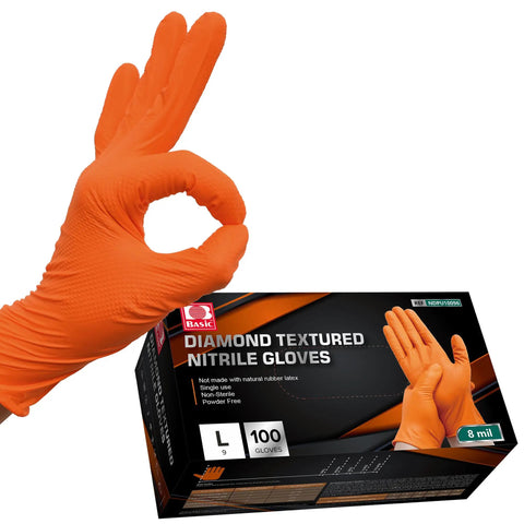 Hella Tough 8 Mil Nitrile Mechanic Gloves With Raised Diamond Texture Heavy Duty Disposable Work Gear Puncture Resistant Grease Slayer Case Of One Hundred Orange Medium Battle Tested, orange gloves shown with box.