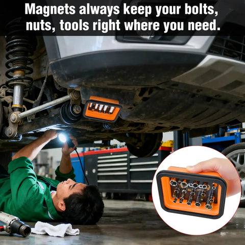 Mechanic uses Orange Silicone Collapsible Magnetic Parts Tray Set In Three Sizes under car, holding screws and bolts securely.