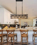 Farmhouse Style 33.5 Inch Five Light Linear Chandelier With Retro Wood Texture for dining room and kitchen island over table