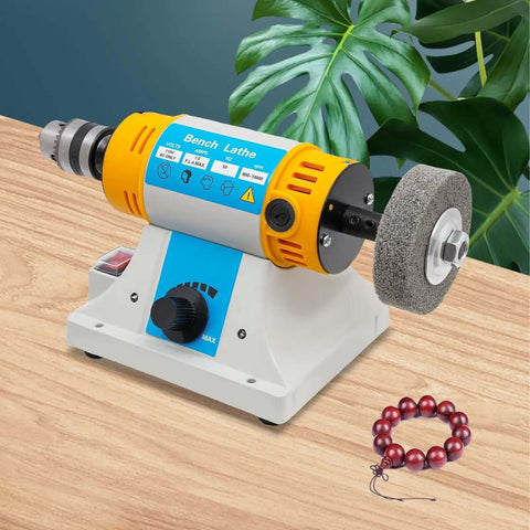 Pro Grade Bench Top Polisher And Grinder For Sanding Grinding And Polishing With 320W Motor And Variable Speed 800 To 10000 RPM 110V Yellow Industrial Tool Includes A Full Accessory Kit For Workshops Makers And DIYers on workbench