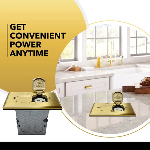 20A Tamper-Resistant Receptacle Floor Box With Flip Lid And Brass Cover Retractable Recessed Socket on Kitchen Countertop