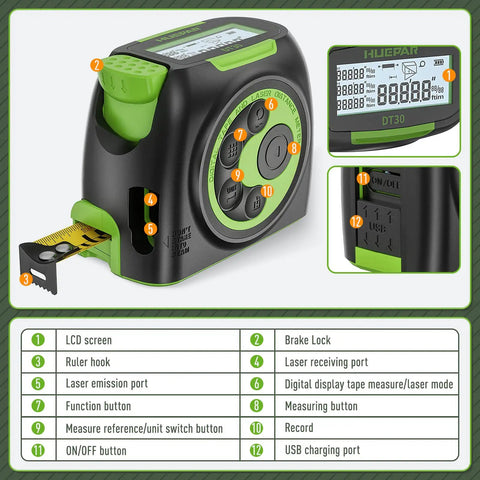 2 In 1 Laser Tape Measure With 197Ft Laser Range And 16Ft Tape Backlit LCD Movable Hook Pythagorean Area Volume Unit Switch Digital Distance Meter detailing features like LCD screen and ports.