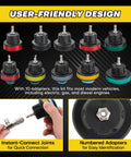 Top Notch 18 Piece Radiator Pressure Tester Kit For American Cars And Trucks Coolant System Leak Down Diagnosis With Quick Snap Coupler showing 10 color-coded adapters for various vehicles.