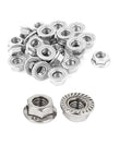 M6 Hex Flange Lock Nuts Set With Serrated Teeth 304 Stainless Steel 1mm Thread Pitch 26 Piece Pack shown in close-up