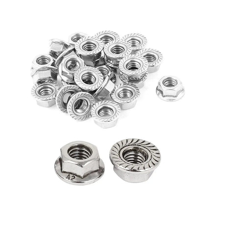 M6 Hex Flange Lock Nuts Set With Serrated Teeth 304 Stainless Steel 1mm Thread Pitch 26 Piece Pack shown in close-up