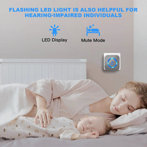 Expandable Wireless Doorbell Kit With 1300ft Range, Waterproof Outdoor Button in a bedroom with sleeping mother and baby, LED display visible.