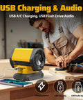 Bluetooth Speaker That Works With DeWALT 20V Max Battery For Jobsite Camping And Festival Gear, charging phone in workshop