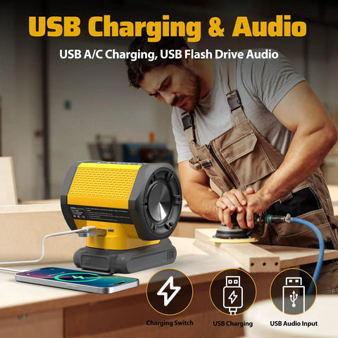 Bluetooth Speaker That Works With DeWALT 20V Max Battery For Jobsite Camping And Festival Gear, charging phone in workshop
