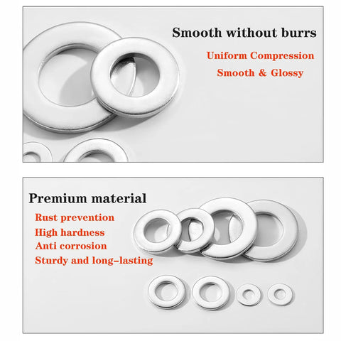 Flat Washers Set 20 Pieces Made From 304 Stainless Steel 18 8 Rust Resistant Hardware, smooth surface, various sizes displayed