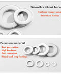 Close-up view of 20 Pieces 304 Stainless Steel Flat Washers for Bolts 18 8 Rust Resistant Hardware Set Durable Washers