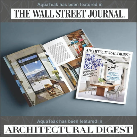Open Architectural Digest showing modern design issue and The Wall Street Journal mention on AquaTeak's feature image.