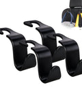 Front view: Amooca car seat headrest hooks, black plastic, 4-pack for handbags and purses in vehicle