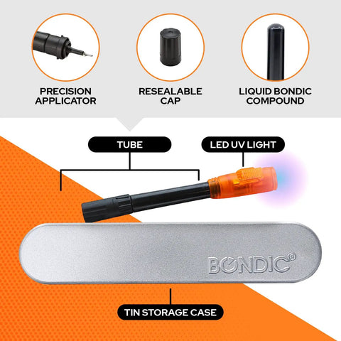 LED UV Glue Kit With Light For Quick Cure Bonding, Liquid Epoxy Resin Adhesive, applicator, and tin case