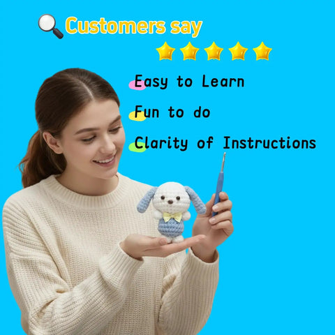 Woman holding Beginner Crochet Amigurumi Kit For Puppy With Bow Tie, 5 Inch Starter Set, Video Tutorial Included, All Supplies Included.