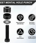 Heavy Duty Bearing Steel Sheet Metal Hole Punch Set With Hex Head Screw For Clean Circle Cuts On Thin Panels Straight Up Badass Precision Every Single Time - Parts display including hex screw and punch components.