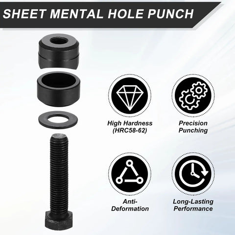 Heavy Duty Bearing Steel Sheet Metal Hole Punch Set With Hex Head Screw For Clean Circle Cuts On Thin Panels Straight Up Badass Precision Every Single Time - Parts display including hex screw and punch components.