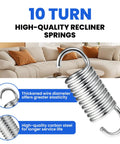 Eight Pack Two Inch Recliner Tension Springs With Ten Turn Coils Heavy Duty Replacement Kit features a silver spiral spring.