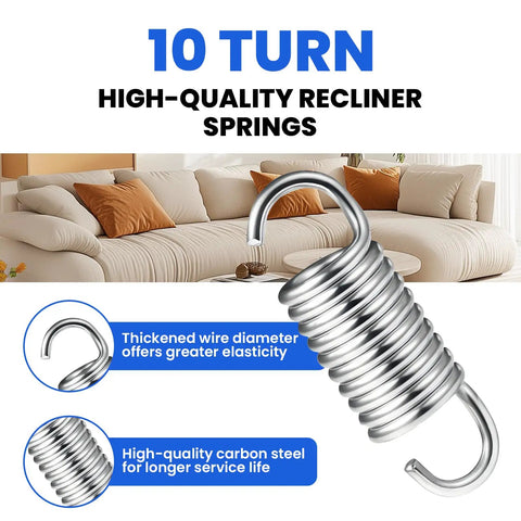 Eight Pack Two Inch Recliner Tension Springs With Ten Turn Coils Heavy Duty Replacement Kit features a silver spiral spring.
