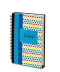Colorful diary with a spiral binding and polka dot cover pattern, featuring a blue label with "Diary" written in black.