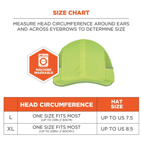 Safety Bump Cap Baseball Hat Style With Removable HDPE Shell And Foam Padding Size Chart, Reflective Short Brim Skullerz 8950