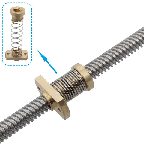 2 Pack Anti Backlash Spring Loaded Nut Elimination Gap Brass Nuts Upgrade Kit on T8 lead screw, detail view with inset.