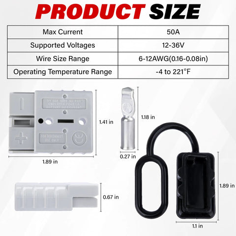 Four Pack 50 Amp Battery Quick Connectors For Anderson Style Connectors Heavy Duty 6 To 12 Gauge Wire Patches For 12V 24V Or 36V Systems No Fuss Plug And Play Install, 50A 12-36V size chart