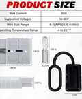 Product size chart showing Two Pack 50 Amp Quick Connect Battery Cables For Anderson Style Ports with specifications.