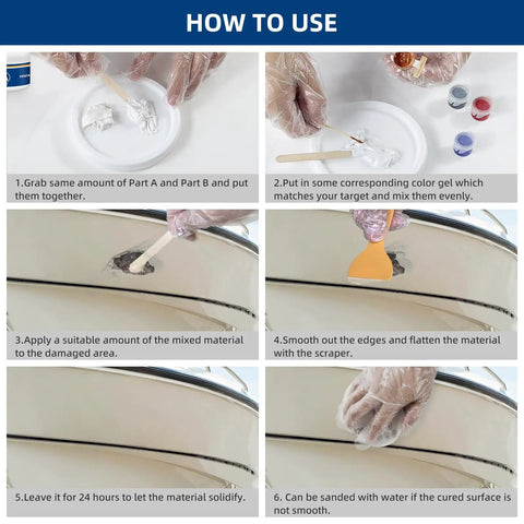Steps to use Fiberglass Boat Repair Kit Color Match Gel Coat For Boats, applying marine epoxy filler to repair hull damage.