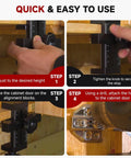 Adjustable Cabinet Door Mounting Jig in use for hinge alignment on frameless and face frame cabinets, step-by-step process shown.