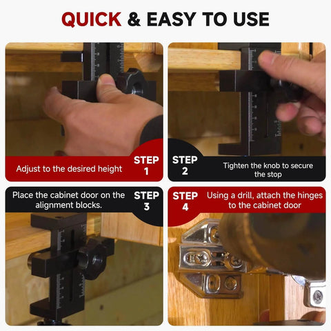 Adjustable Cabinet Door Mounting Jig in use for hinge alignment on frameless and face frame cabinets, step-by-step process shown.