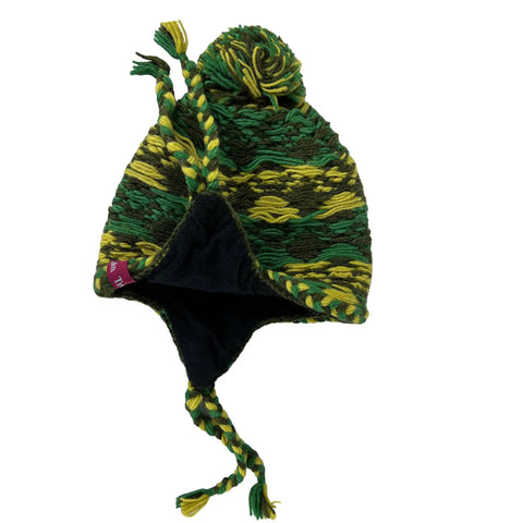 Cozy Winter Wool Knit Beanie With Fleece Lined Earflaps For Cold Weather Ski And Mountaineering, green and yellow pattern