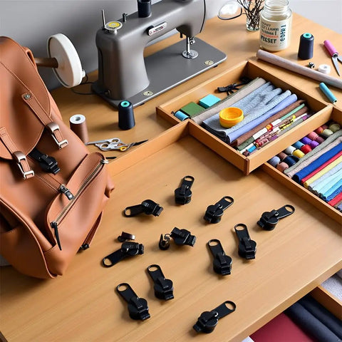 12 Piece Black Zipper Repair Kit With Removable Sliders For Quick Fix On Clothes, Backpacks And Jackets shown on sewing table with supplies.