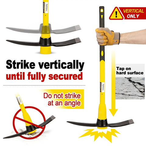 Instruction on using Heavy Duty Forged Steel Pick Axe With Shock Absorbing Fiberglass Handle 36 Inch Length for vertical strike