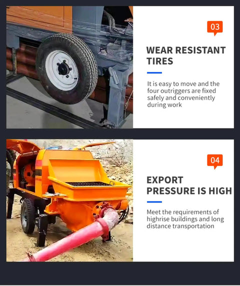 Compact Mini Concrete Pump Trailer For Shootin Smooth Mortar And Material Delivery showing wear resistant tires and high export pressure setup.