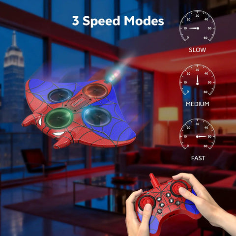 Person controlling Kids RC Plane With Altitude Hold and One Button Takeoff and Landing 360 Degree Flips LED Lights indoors