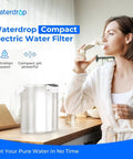 Woman using Compact Electric Water Filter Pitcher With A 200-Gallon Rechargeable Dispenser, NSF Certified For Lead, Chlorine.