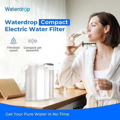 Woman using Compact Electric Water Filter Pitcher With A 200-Gallon Rechargeable Dispenser, NSF Certified For Lead, Chlorine.